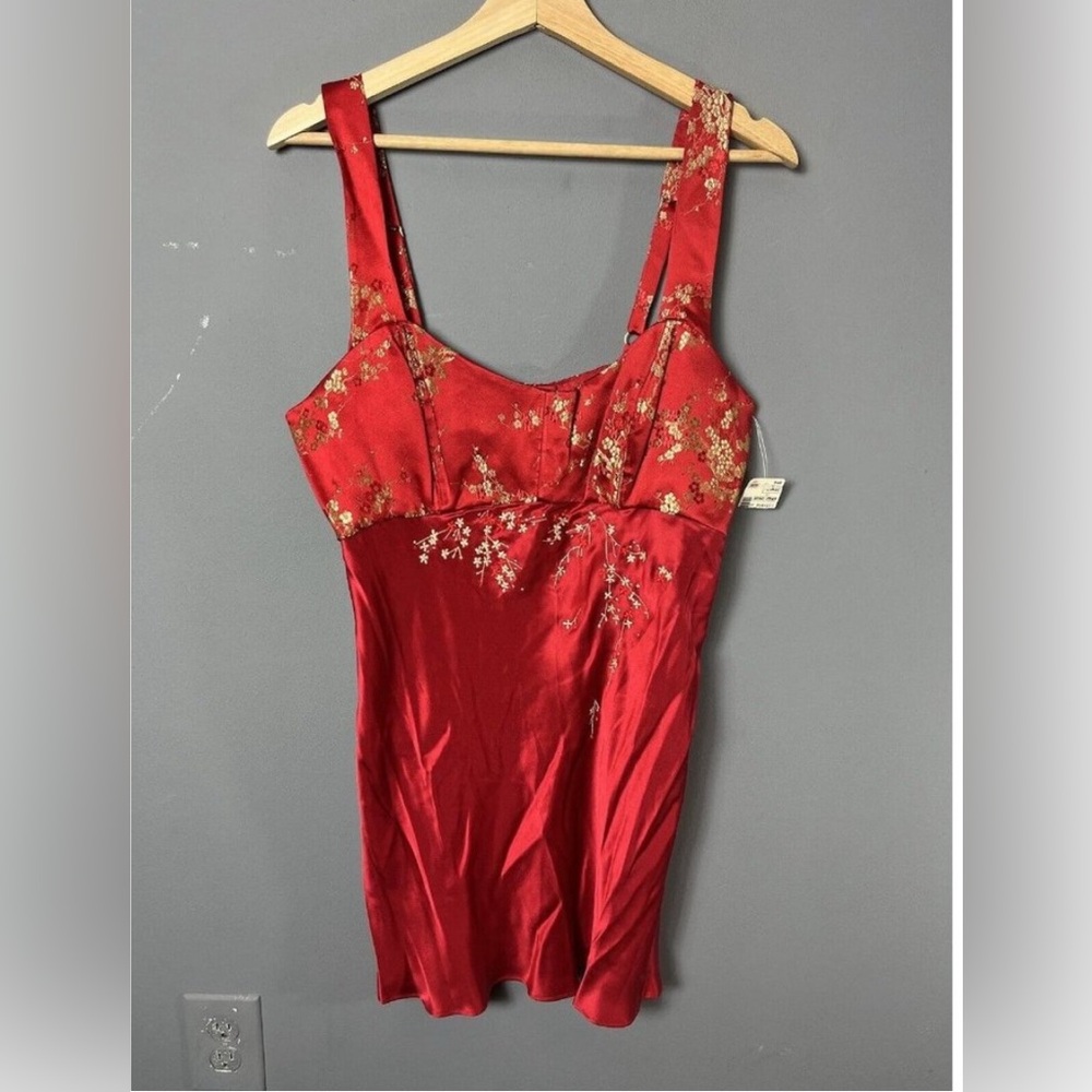 Vintage 90s NATORI Womens L Red Asian Style Brocade/Silk Mini Nightgown